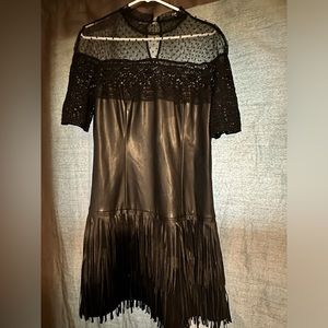 Guess Black Faux Leather and Lace Fringe dress